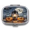 Small Pill Box 2 Compartment Medicine Pill Case Portable Terrifying Pumpkin Coal Oil Lamp Printed Pill Container for Pocket Or Purse Pill Box Metal Medicine Vitamin Organizer view 1