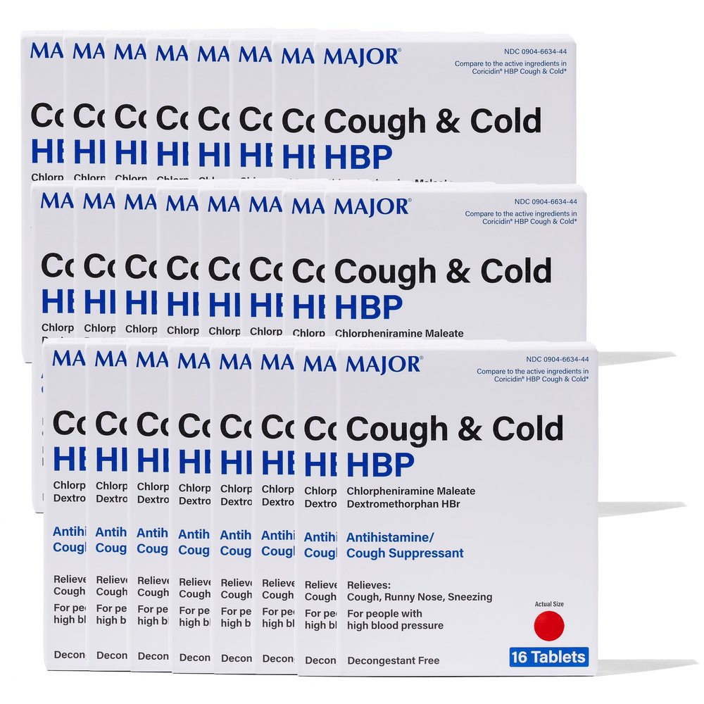 MAJOR Cough and Cold HBP Tablets - Antihistamine and Cough Suppressant for People with High Blood Pressure - Dextromethorphan HBr, Chlorpheniramine Maleate - 16 Count (24 Pack)