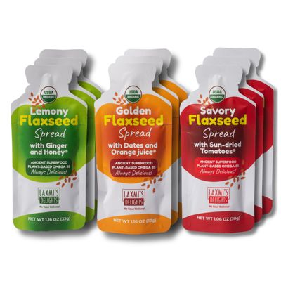 Laxmis Delights Flaxseed Spread Variety Pack - Try All 3 Flavors | Spicy and Unique | Organic, Vegan, Gluten Free, Dairy Free, All Natural, Non-GMO, Omega 3s | 9-pack, single-serving pouches