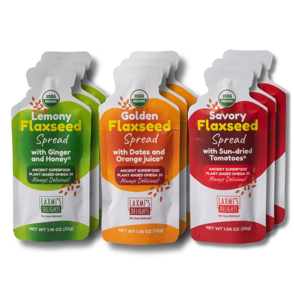 Laxmis Delights Flaxseed Spread Variety Pack - Try All 3 Flavors | Spicy and Unique | Organic, Vegan, Gluten Free, Dairy Free, All Natural, Non-GMO, Omega 3s | 9-pack, single-serving pouches