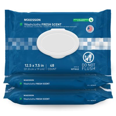 McKesson Washcloth Wipes for Adults, Scented (3 Pack, 144 Washcloths) Disposable Wash Cloths for Body - No-Rinse Formula with Snap Lid - Good for Incontinence and Elderly - 48 Wipes Per Pack