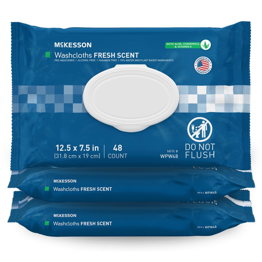 McKesson Washcloth Wipes for Adults, Scented (3 Pack, 144 Washcloths) Disposable Wash Cloths for Body - No-Rinse Formula with Snap Lid - Good for Incontinence and Elderly - 48 Wipes Per Pack