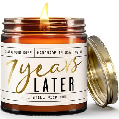 7 Year Gift for Anniversary for Her - '7 Years Later' Soy Candle, w/Sandalwood Rose - Infused w/Essential Oils I 7th Anniversary Wedding Gift for Wife I 50Hr Burn I USA Made