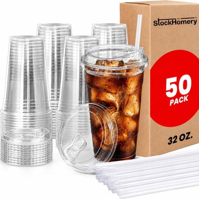 StockHomery 32 Oz Plastic Cups With Lids and Straws, Iced Coffee Cups
