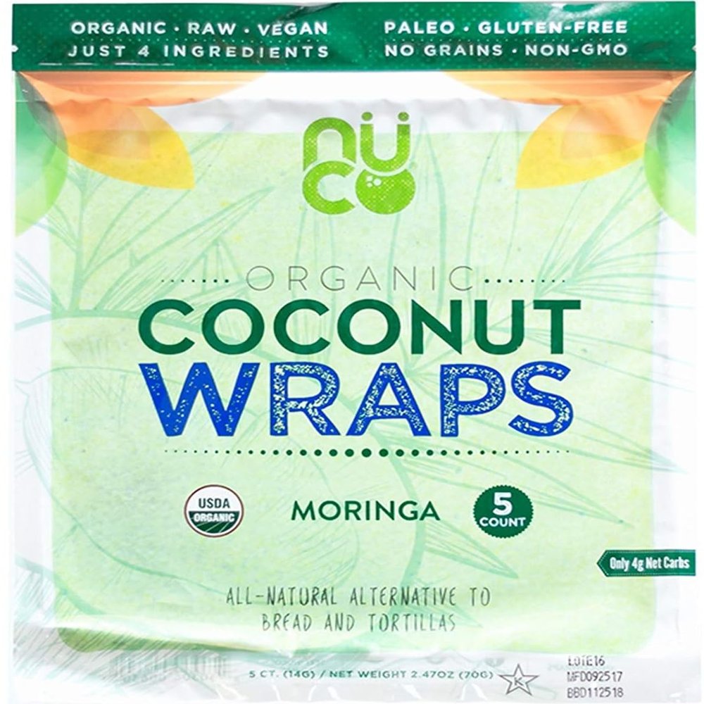 Nuco Organic Gluten-Free Coconut Wraps with Moringa, 9" Each, 12 Packs of 5 Wraps Each, All Natural Bread and Tortilla Alternative