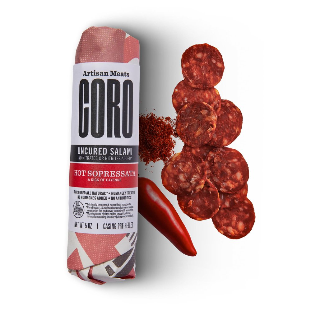 Coro Hot Sopressata Uncured Artisan Salami Stick 5oz | Cayenne & Bold Spice | Perfect for Charcuterie Boards, Snacking, Holiday Gifts | All Natural, Gluten-Free, No Added Nitrates & Nitrites