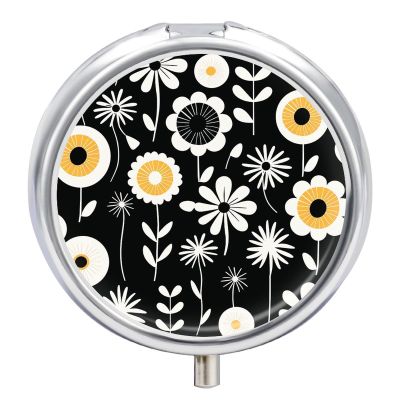 Simple Strokes of Flowers Pill Box for Pocket Round Pill Box 3 Compartment Decorative Portable Travel Pill Holder Tablet Vitamin Organizer Mini Pill Case