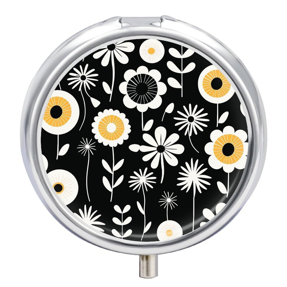 Simple Strokes of Flowers Pill Box for Pocket Round Pill Box 3 Compartment Decorative Portable Travel Pill Holder Tablet Vitamin Organizer Mini Pill Case