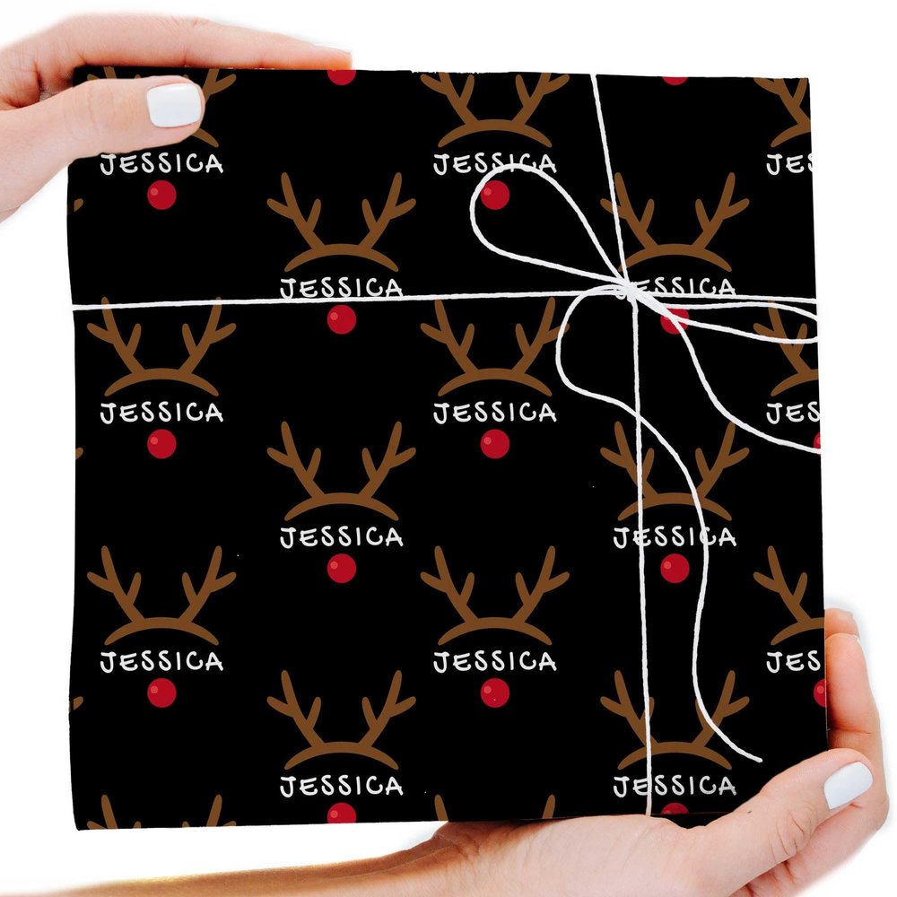Custom Christmas Wrapping Paper with Name, Personalized Gift Wrap Rolls with Elk Antlers, Custom Christmas Wrapping Paper Rolls for Kids Him Her Boys Girls White