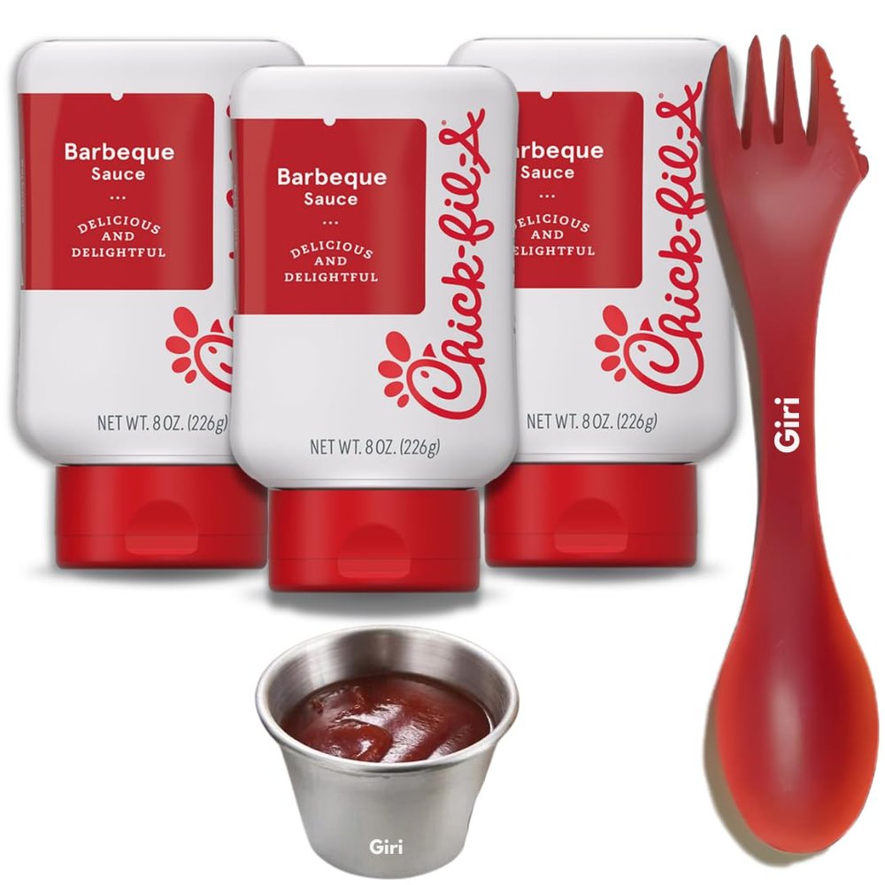 Barbecue Sauce 8 oz. (3-pack) Squeeze Bottle Resealable Container Bundle with Giri Plastic Spork and Stainless Steel Condiment Sauce Cup (3 Items)
