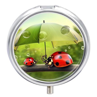 Funny Ladybug Umbrellas Pill Box for Pocket Round Pill Box 3 Compartment Decorative Portable Travel Pill Holder Tablet Vitamin Organizer Mini Pill Case