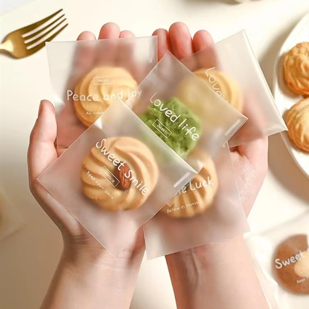 100 Pcs Frosted Semi-Transparent OPP Bags with Cute English Printing, Suitable for Packaging Cookies, Chocolate, Candy, Desserts, Snack Packs, Bread Bags, Self-Adhesive Bags, Gift Bags, Mini OPP Bags (2.82.8 in)