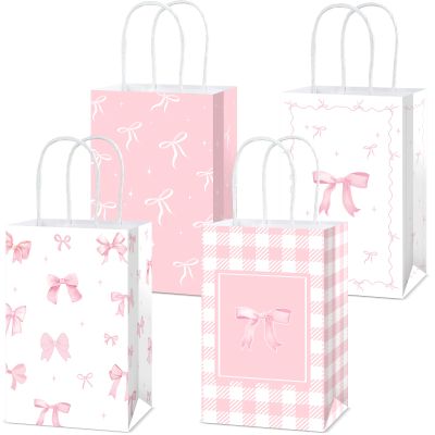 12Pcs Pink Bow Party Favor Bags Bows Themed Goodie Bag Candy Bags for Birthday Bachelorette Parties Decoration Coquette Bow Gift Treat Bag with Handles for Bridal Engagement Baby Shower Party Supplies