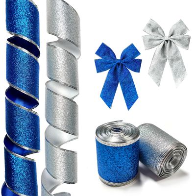 2 Rolls Christmas Ribbon for Wreath Bows Wrapping Gifts,Blue and Silver Glitter Wired Ribbon for Gift Wrapping Party Supplies Decoration DIY Crafts 2.5" X 10 Yard Wired Winter Christmas Wreath Ribbon