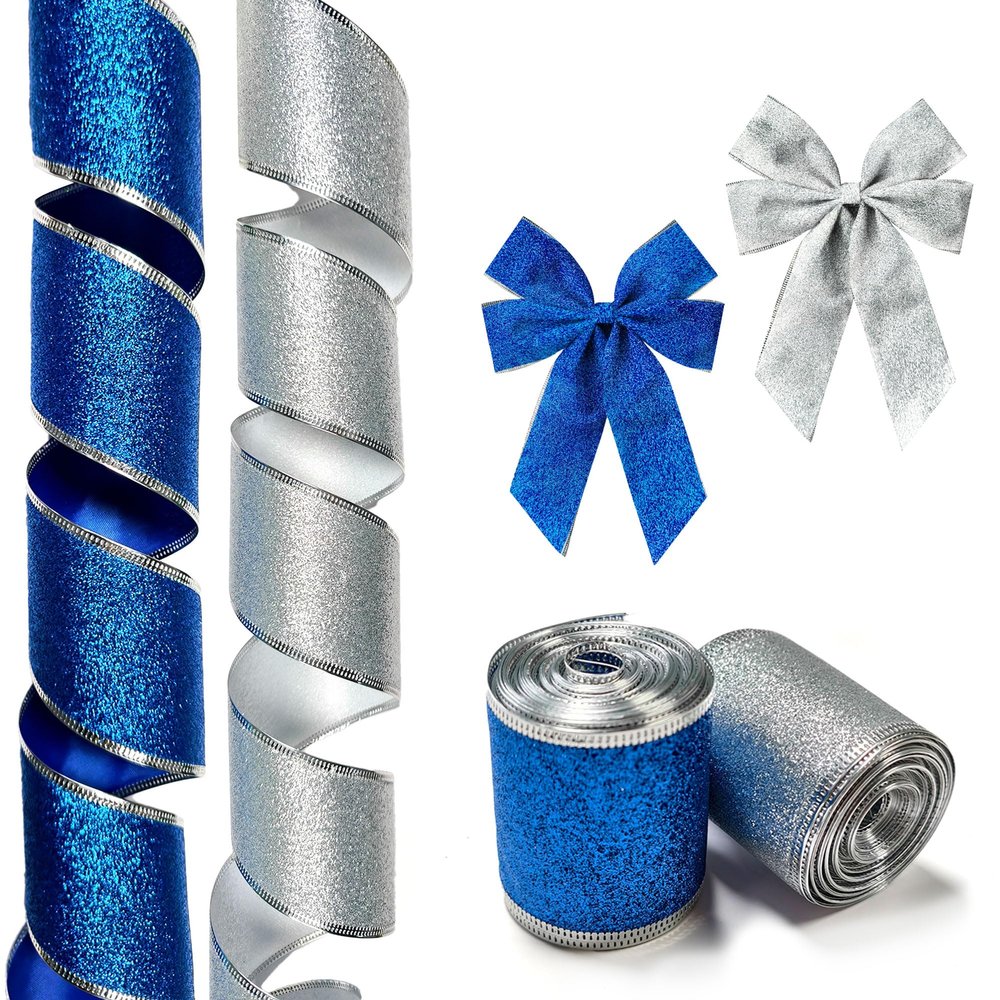 2 Rolls Christmas Ribbon for Wreath Bows Wrapping Gifts,Blue and Silver Glitter Wired Ribbon for Gift Wrapping Party Supplies Decoration DIY Crafts 2.5" X 10 Yard Wired Winter Christmas Wreath Ribbon