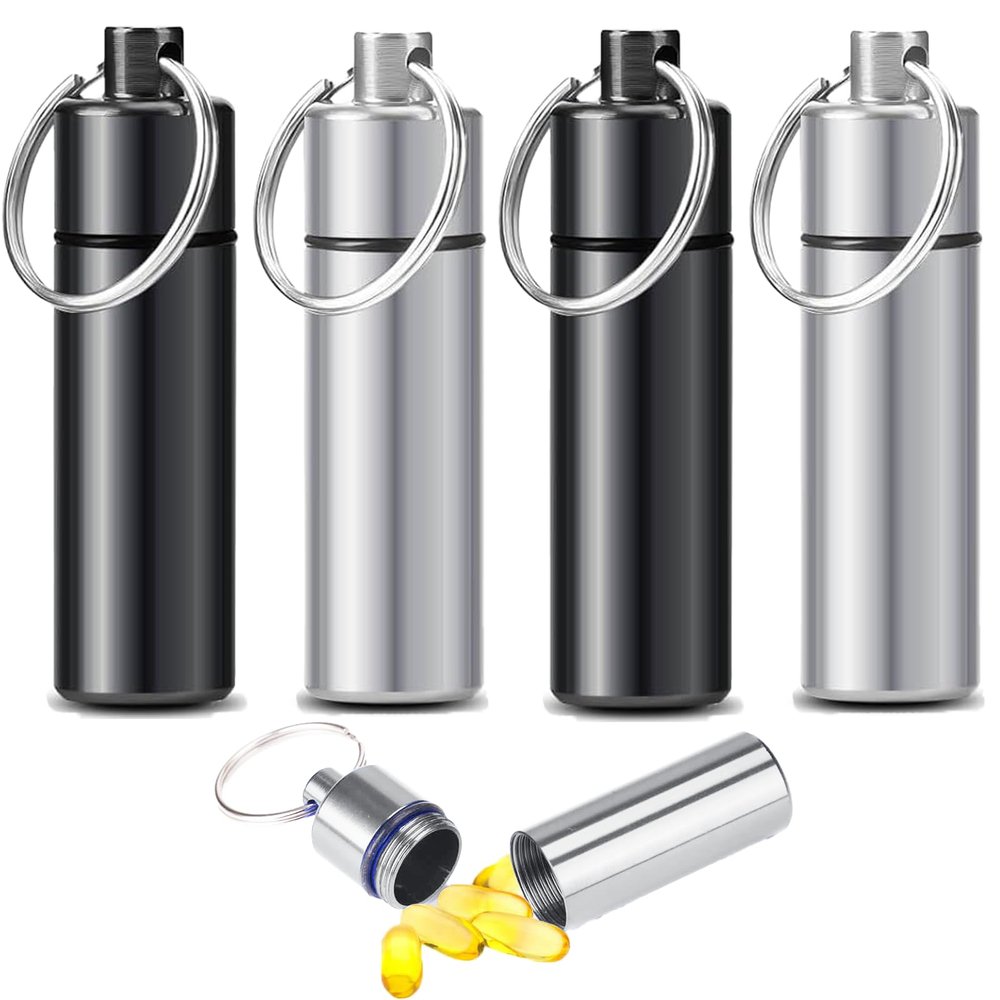 4pcs Metal Pill Case with Keychain - Waterproof Travel Pill Organizer, Portable Medicine Container for Outdoor Camping