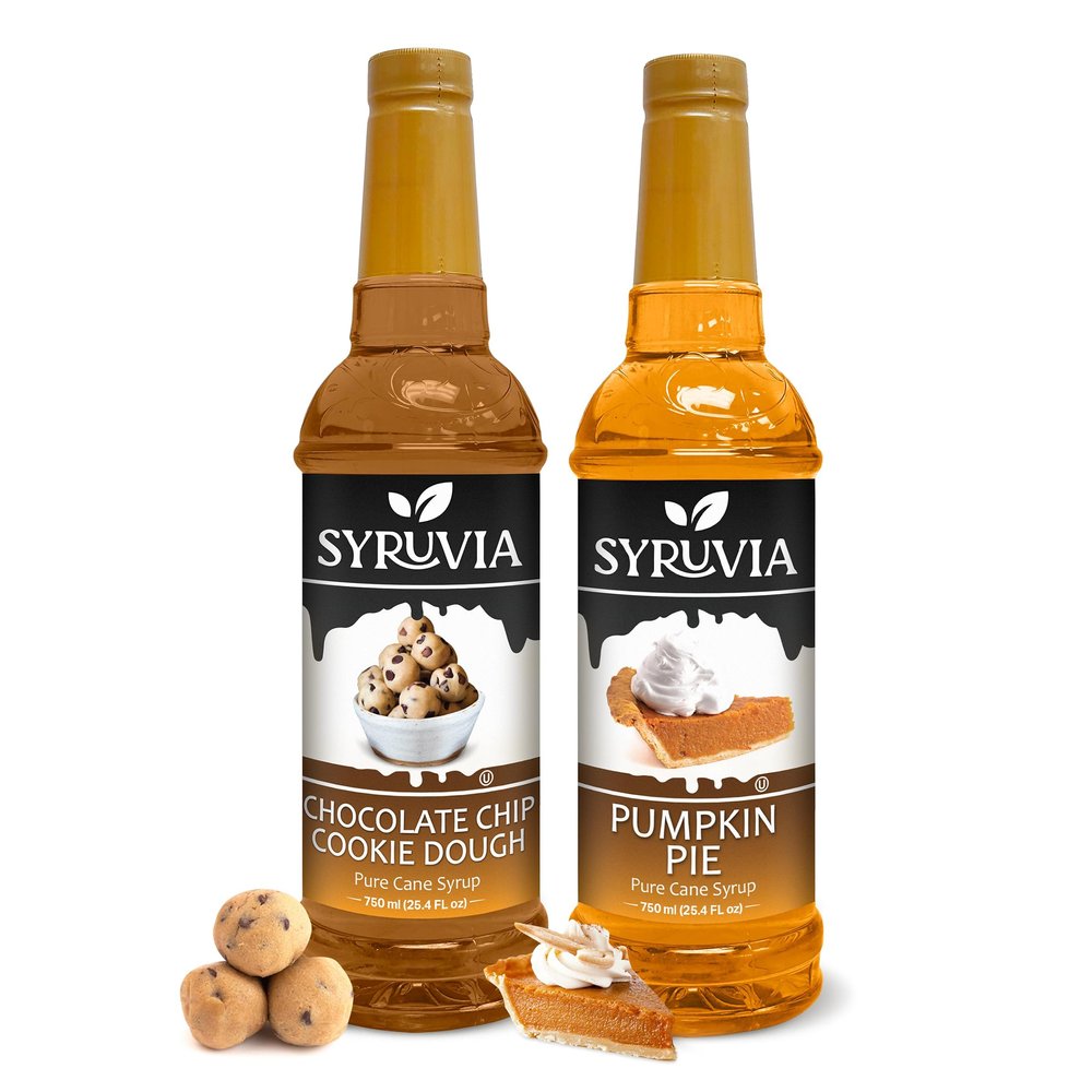 Syruvia Chocolate Chip Cookie Dough & Pumpkin Pie Syrup - 25.4 fl oz. Premium Coffee Flavoring Syrup. Kosher, and Gluten-Free. Ideal for Enhancing Drinks, Sodas, Shakes, Desserts, and More.