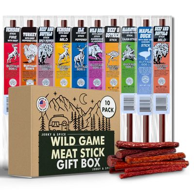 Jerky-n-Spice Wild Game Meat Sticks (10-Pack) | Ultimate Exotic Snacks | Beef Jerky Gifts for Men | Delicious Jerky Variety Pack Ideal for Anniversary, Camping, Hunting & Birthday Events