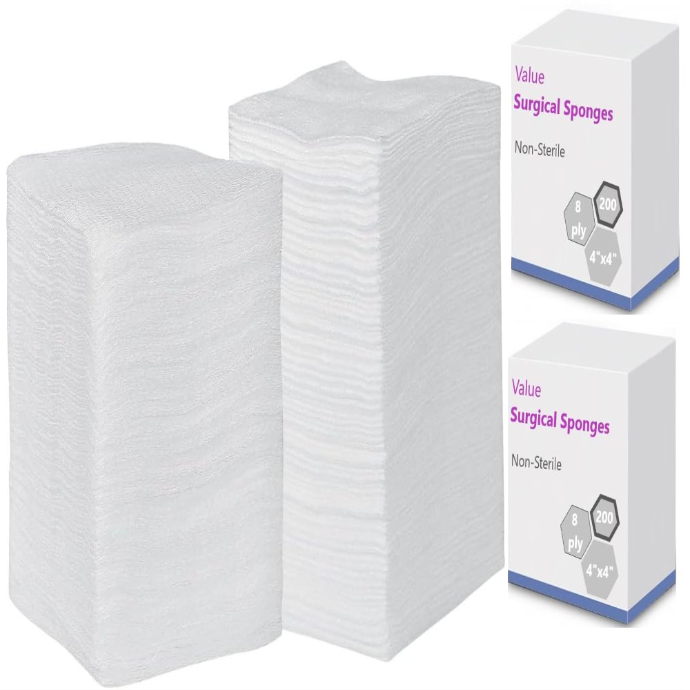 2/Pack Syrgical Gauze Sponges 8-Ply 4" x 4" Non-Sterile 400/Pcs Cotton Sponges Non-Woven, Nonstick, Hightly Absorbent, Value Pack