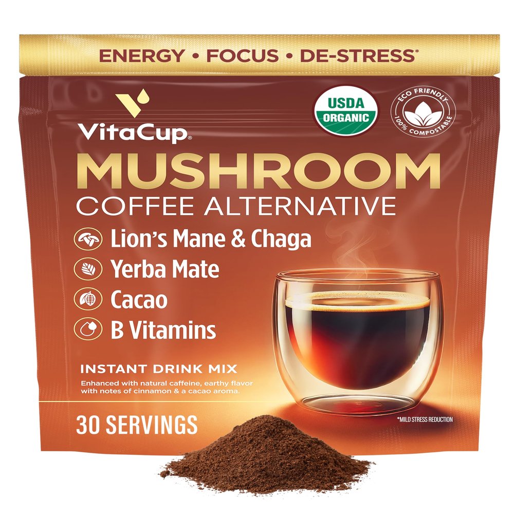 VitaCup Mushroom Coffee Alternative Instant Drink Mix | Mushroom Based Coffee Substitute for Natural Energy & Focus | Lions Mane, Yerba Mate, & Chaga | Cacao, Cinnamon, & B Vitamins | 30 Servings