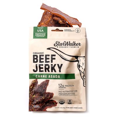 StarWalker Organic Farms Carne Asada Beef Jerky Certified Organic, 36g Protein, No Nitrates or Preservatives, Grass-Fed, 3 oz Bag