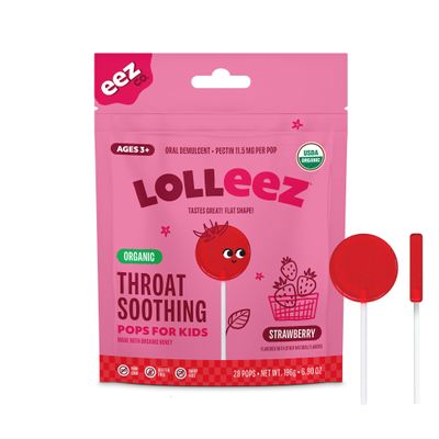 Lolleez by EEZ Co. Organic Throat Soothing Pops for Kids, Strawberry, 28 Count