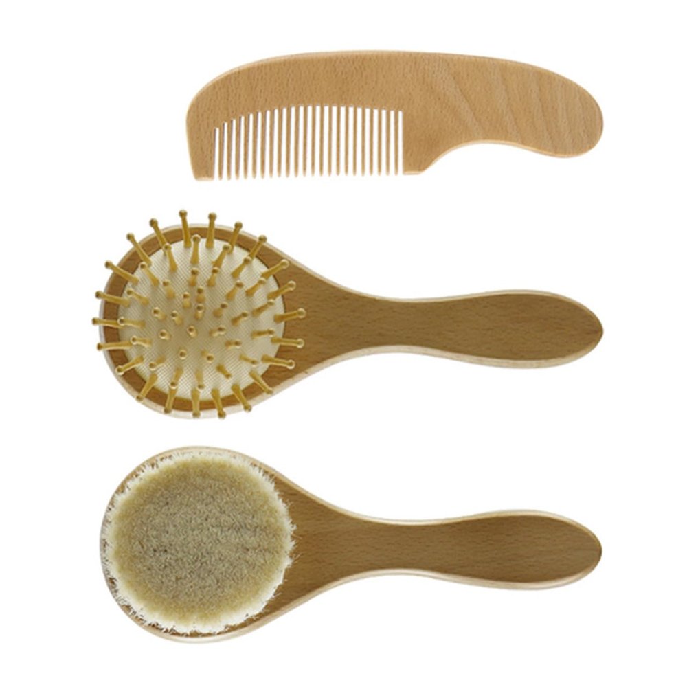 BIUDECO 3pcs Newborn Hair Brush Set Cradle Cap Brush Detangling Comb Natural Wool Wooden Handle Scalp Care