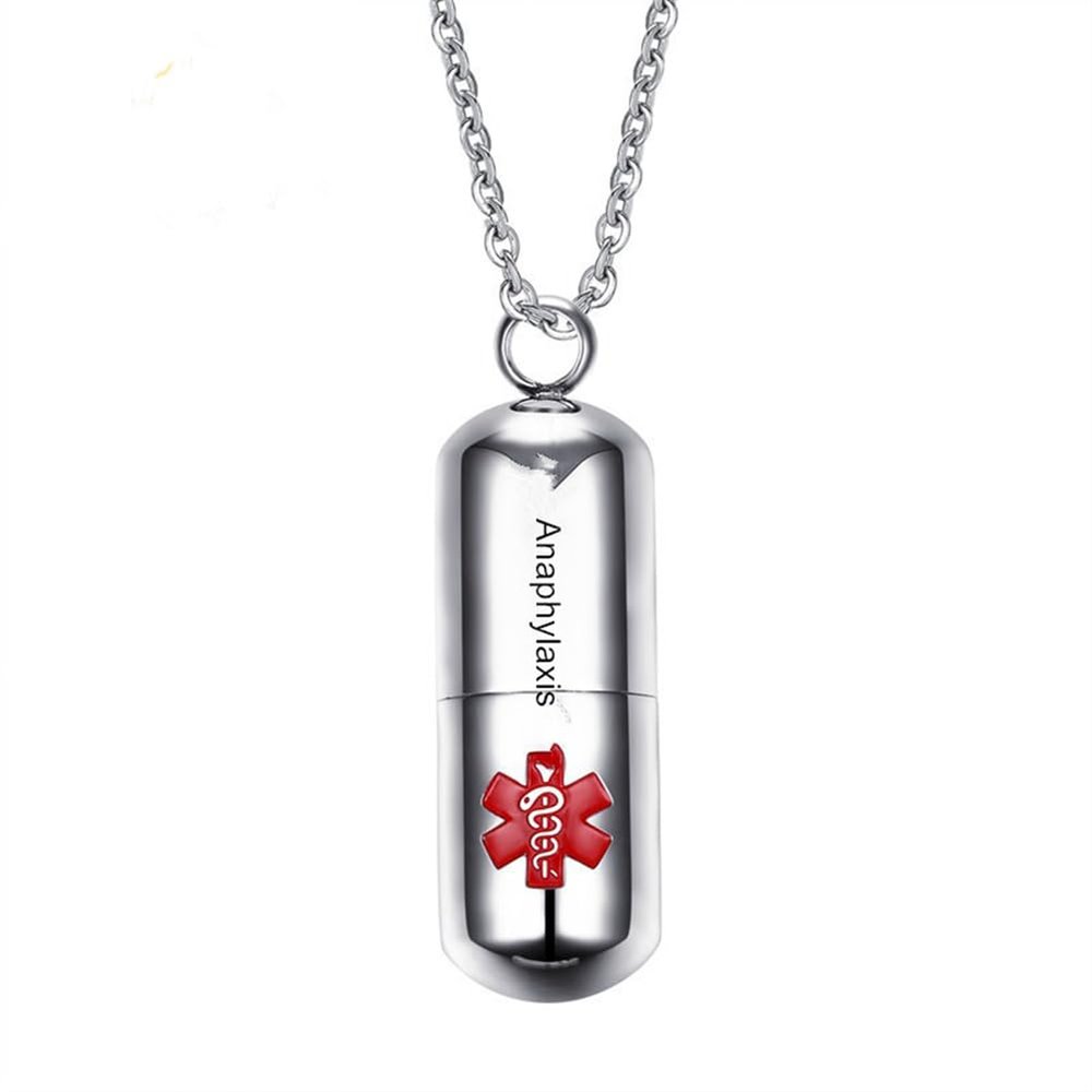 LiFashion Anaphylaxis Medical Pill Necklace for Men Women,Cross Medicine Pendant Pill Case Capsule Charm Emergency Pill Case Tube Holder Necklace Sos Jewelry with Medical Wallet Card