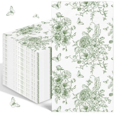 100PCS Green Floral Napkins Disposable Hand Towels for Bathroom 3 Ply Greenery Paper Napkins Decorative Flower Guest Napkins Chinoiserie Napkins for Wedding Bridal Shower Birthday Spring Party