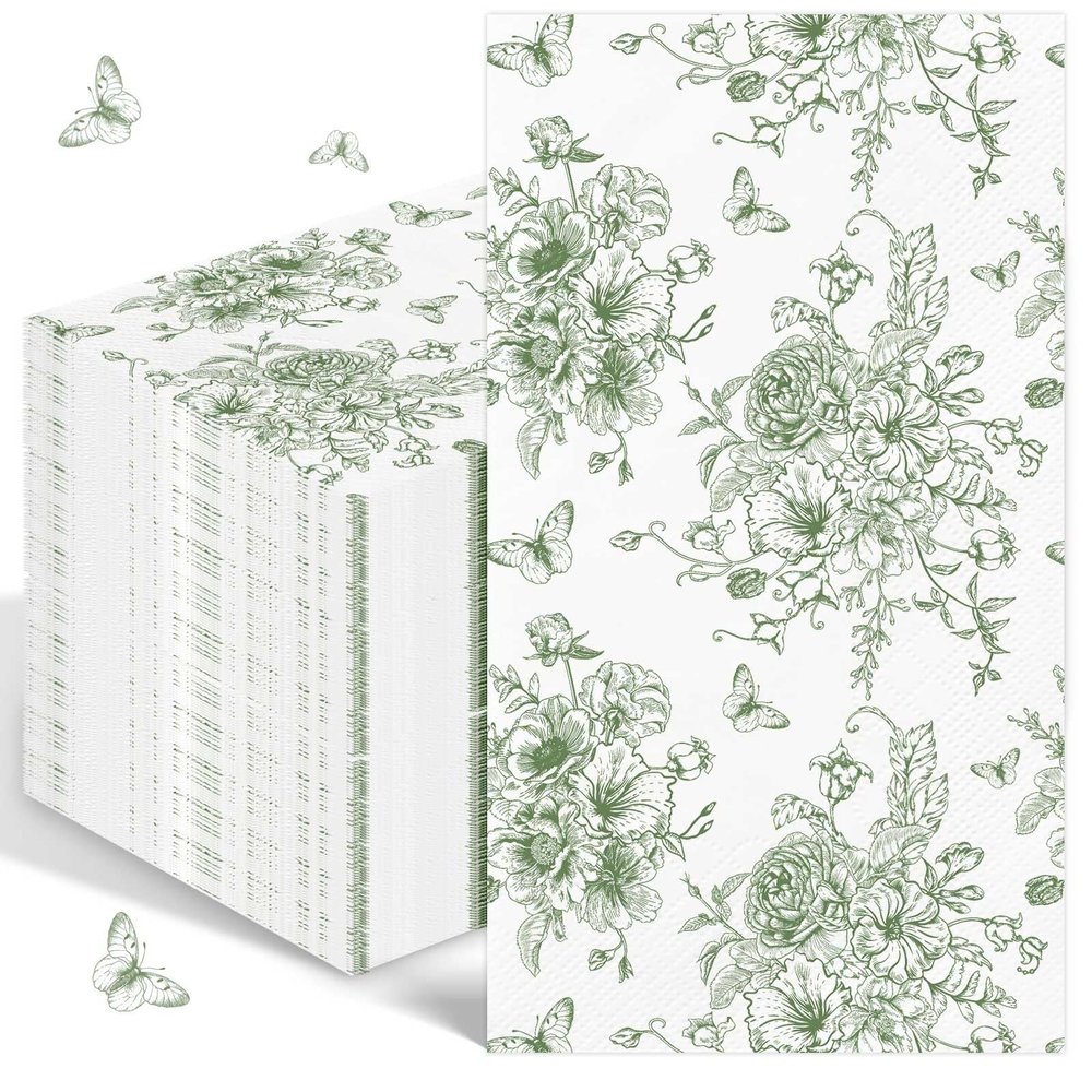 100PCS Green Floral Napkins Disposable Hand Towels for Bathroom 3 Ply Greenery Paper Napkins Decorative Flower Guest Napkins Chinoiserie Napkins for Wedding Bridal Shower Birthday Spring Party