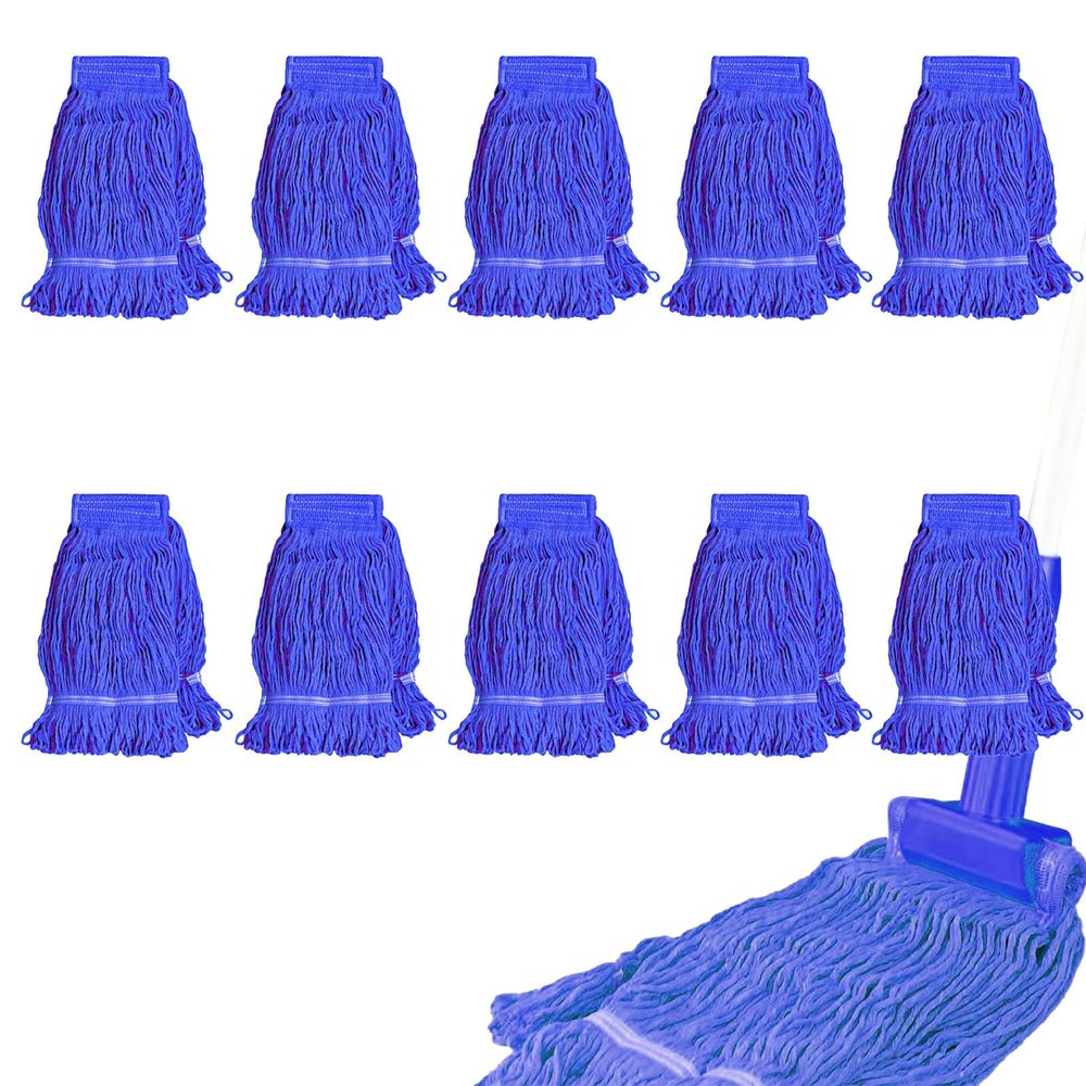 10 Pack Commercial Mop Head Replacement, Heavy Duty Looped End Wet Mop Head Refills, Blue Cotton String Mop Heads for Industrial, Commercial, and Home Floor Cleaning