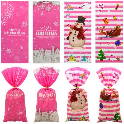 100 Pcs Pink Christmas Cellophane Treat Bags with Twist Ties,Merry Christmas Elk Snowman Snowflake Party Favor Bag Goody Candy Bag Cookies Snack Gift Bag for Kid Christmas Baby Shower Birthday Party