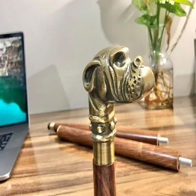 37-Inch Wooden Walking Stick with Brass Dog Bull Handle, Unisex Mobility Cane