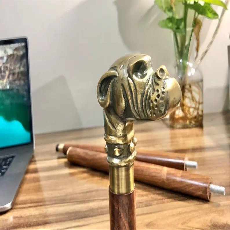 37-Inch Wooden Walking Stick with Brass Dog Bull Handle, Unisex Mobility Cane