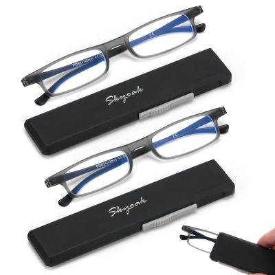 2 Pack Ultra thin Lightweight Folding Reading Glasses Women Men TR90 Blue Light Blocking Anti UV/Eyestrain Foldable Compact Computer Readers Portable Unique Stretchable Slim Flat case Gunmetal +3.0