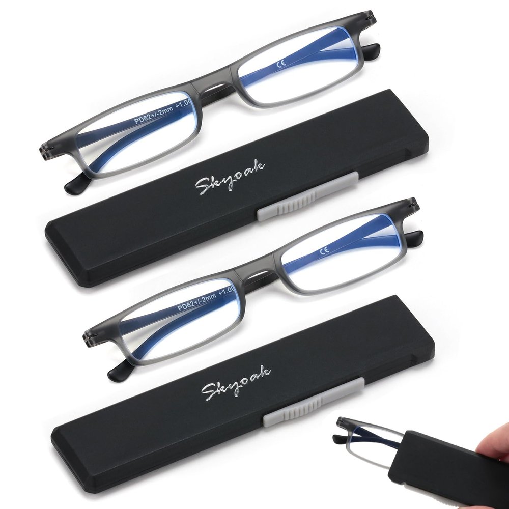 2 Pack Ultra thin Lightweight Folding Reading Glasses Women Men TR90 Blue Light Blocking Anti UV/Eyestrain Foldable Compact Computer Readers Portable Unique Stretchable Slim Flat case Gunmetal +3.0