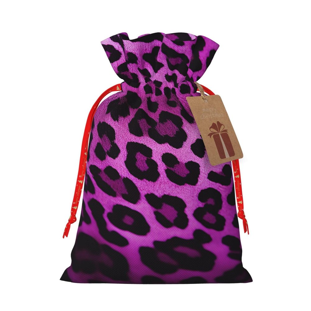 NONHAI Christmas Gift Bags Drawstring Wrapping Bags Purple Leopard Xmas Goodie Bags Christmas Burlap Treat Bags for Christmas Presents Holiday Party Supplies Favors Bag
