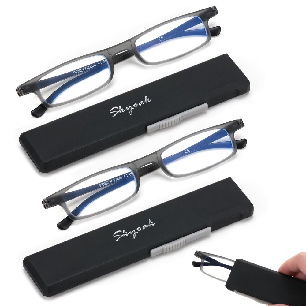 2 Pack Ultra thin Lightweight Folding Reading Glasses Women Men TR90 Blue Light Blocking Anti UV/Eyestrain Foldable Compact Computer Readers Portable Unique Stretchable Slim Flat case Gunmetal, +2.0