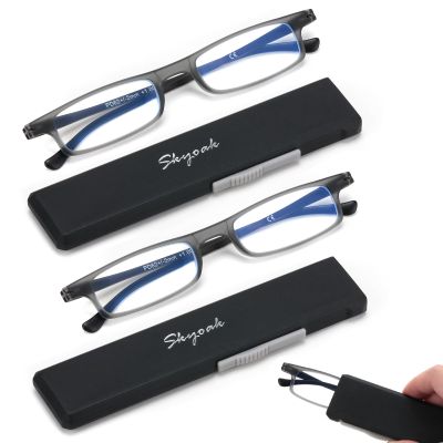 2 Pack Ultra thin Lightweight Folding Reading Glasses Women Men TR90 Blue Light Blocking Anti UV/Eyestrain Foldable Compact Computer Readers Portable Unique Stretchable Slim Flat case Gunmetal, +2.5