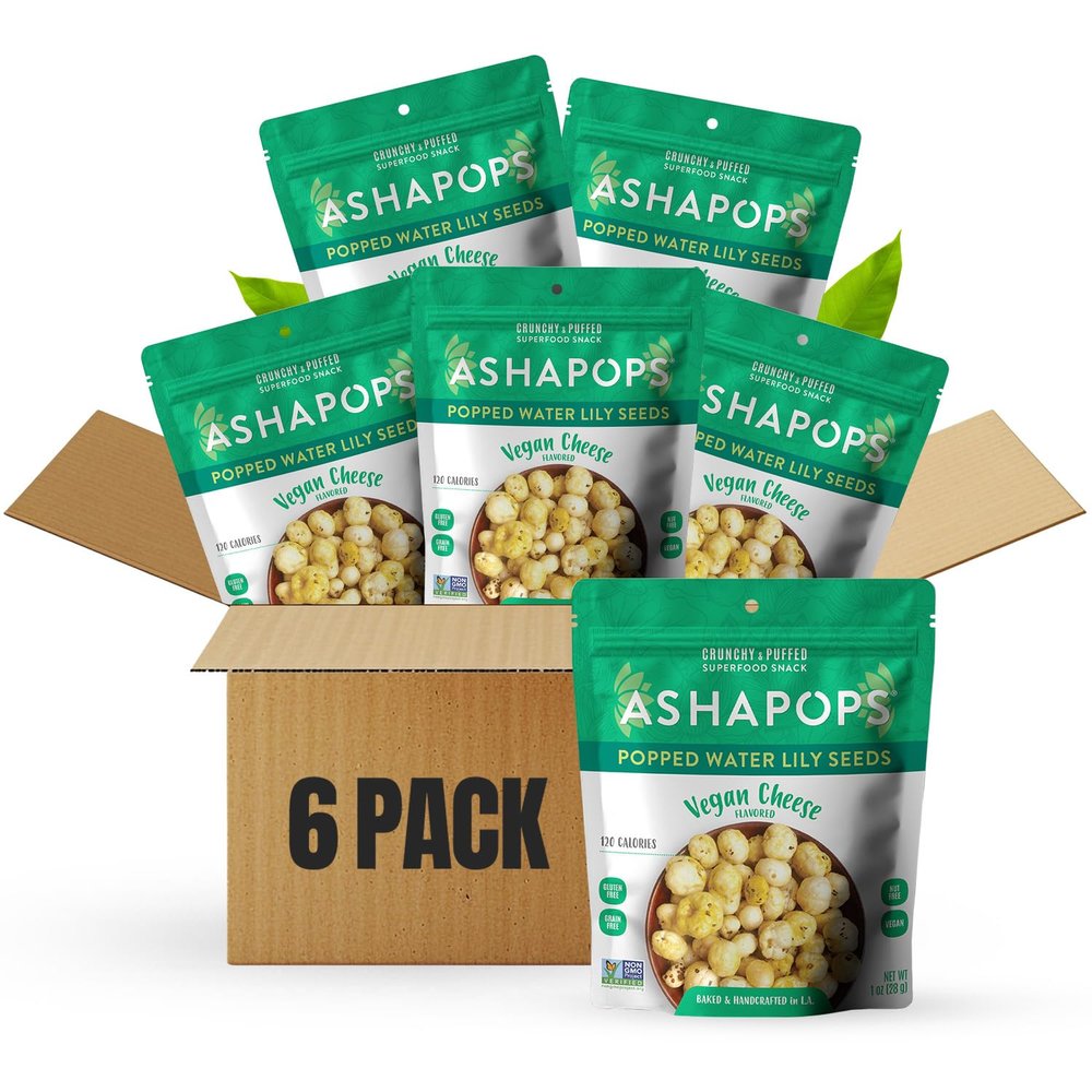AshaPops Vegan Cheese Flavored Popped Water Lily Seeds, 1 oz (Pack of 6) - Gluten-Free, Vegan, Paleo, Nut-Free, Corn-Free, Soy-Free, Non-GMO, Delicious Plant-Based Crunchy Snack