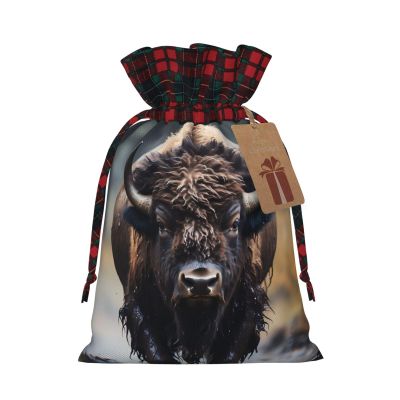 WZYCWB North American bison Christmas Gift Bags for Christmas Party Supplies Decorations, 8.3 * 11.8 Inch Colorblock Burlap Drawstring Gift Bags,