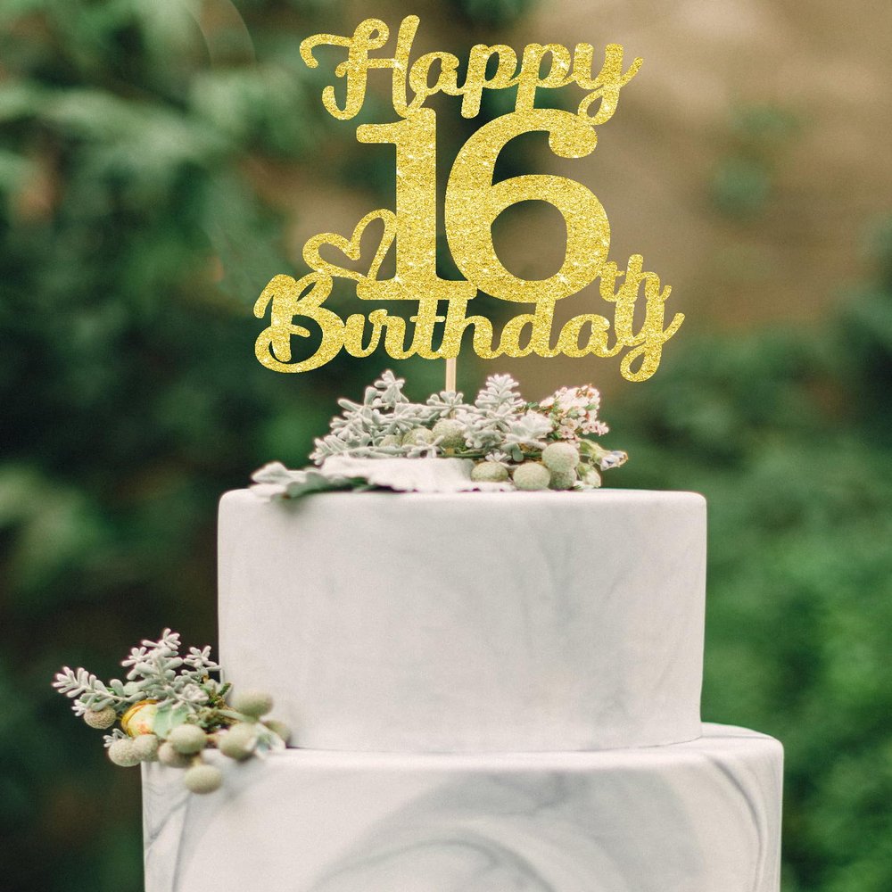 16 Birthday Cake Toppers-Gold Glitter, 16th Cake Topper for boy,16 Cake Topper For girl, 16th birthday decorations,16th Birthday Cake Topper Sixteen