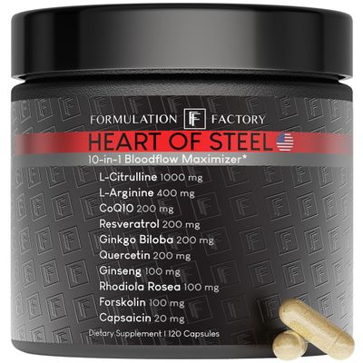 Formulation Factory Heart of Steel Nitric Oxide Supplement - L Citrulline & L Arginine Blood Pressure Supplements - Natural Pre-Workout: Energy Management - 120 Capsules, 2 Month Supply