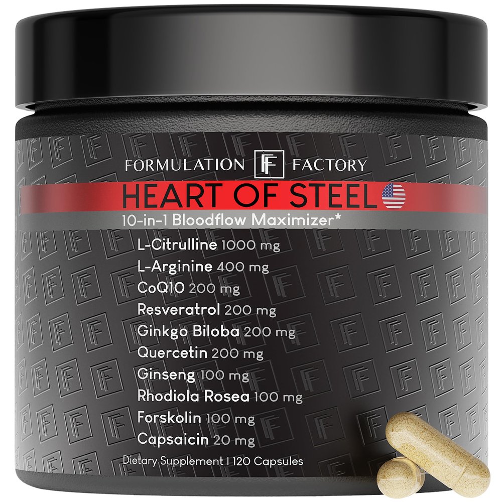 Formulation Factory Heart of Steel Nitric Oxide Supplement - L Citrulline & L Arginine Blood Pressure Supplements - Natural Pre-Workout: Energy Management - 120 Capsules, 2 Month Supply