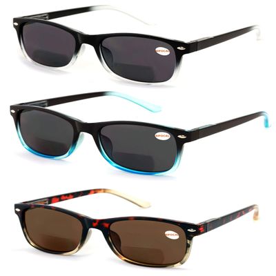 V.W.E. 3 Pairs Classic 2-Tones BIFOCAL Outdoor Reading Sunglasses Tinted Readers Glasses UV Protection (Clear Blue Brown, 2.50, x)