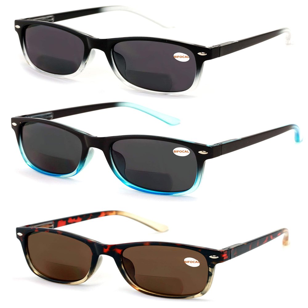 V.W.E. 3 Pairs Classic 2-Tones BIFOCAL Outdoor Reading Sunglasses Tinted Readers Glasses UV Protection (Clear Blue Brown, 2.50, x)