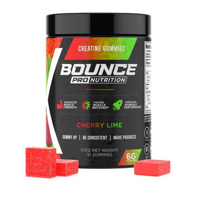 Bounce Pro Creatine Monohydrate Gummies for Men & Women, Low Calorie, 6G of Creatine per Serving, Vegan, Anti-Melting, Gluten-Free, Non-GMO, 2g of Creatine per Gummy (51ct, Cherry Lime)