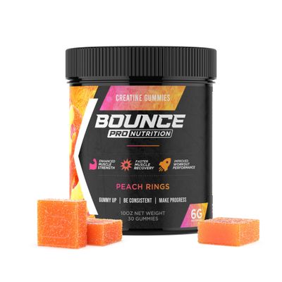 Bounce Pro Creatine Monohydrate Gummies for Men & Women, Low Calorie, 6G of Creatine per Serving, Vegan, Anti-Melting, Gluten-Free, Non-GMO, 2g of Creatine per Gummy (30ct, Peach Rings)