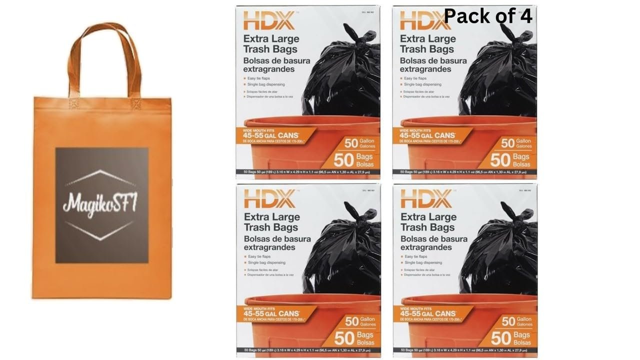 50 Gal. Extra Large Black Trash Bags (50-Count) pack of 4, Plus Free MagikoSFI Custom Shopping Tote Bag