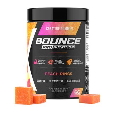 Bounce Pro Creatine Monohydrate Gummies for Men & Women, Low Calorie, 6G of Creatine per Serving, Vegan, Anti-Melting, Gluten-Free, Non-GMO, 2g of Creatine per Gummy (51ct, Peach Rings)